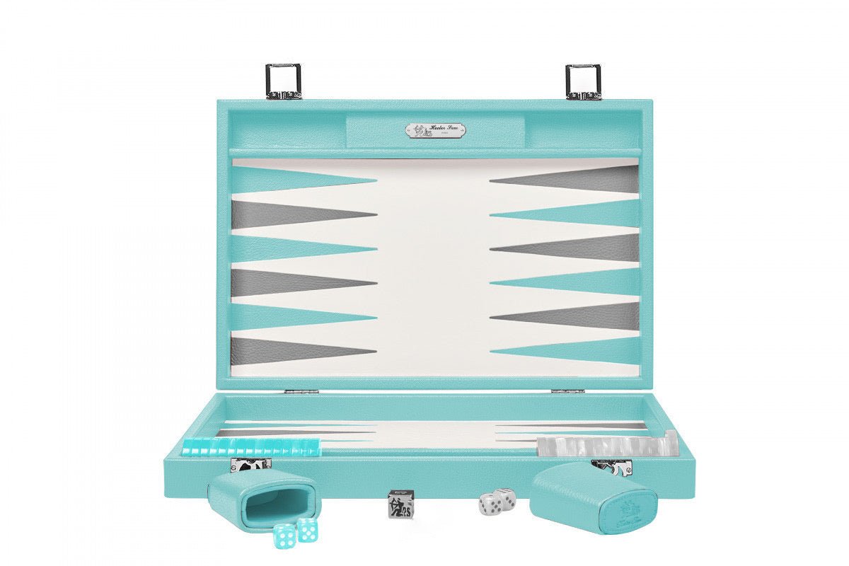 Backgammon Hector Saxe - Buffle Turquoise - Grand - Backgammon en cuir - Rouge et Noir