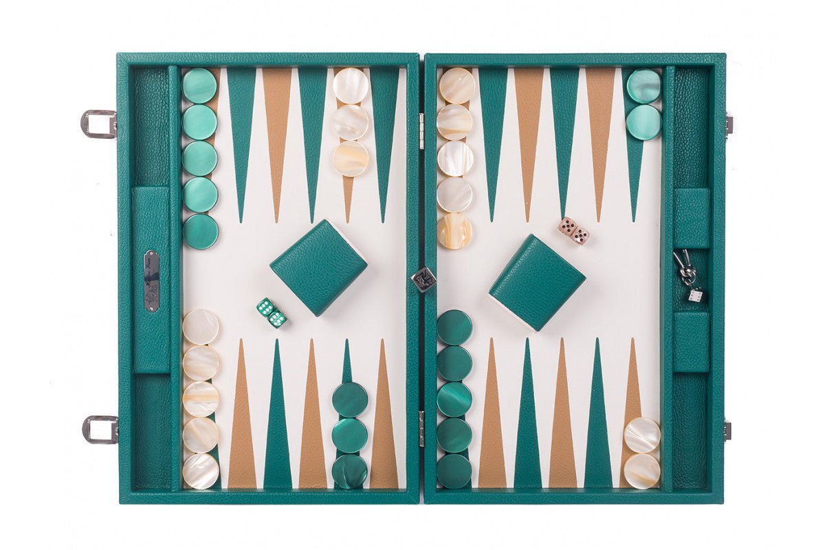 Backgammon Hector Saxe - Buffle vert - Compétition - Backgammon en cuir - Rouge et Noir