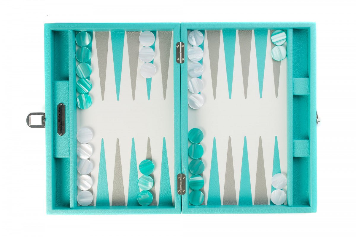 Backgammon Hector Saxe - Cuir Turquoise - Moyen - Backgammon en cuir - Rouge et Noir