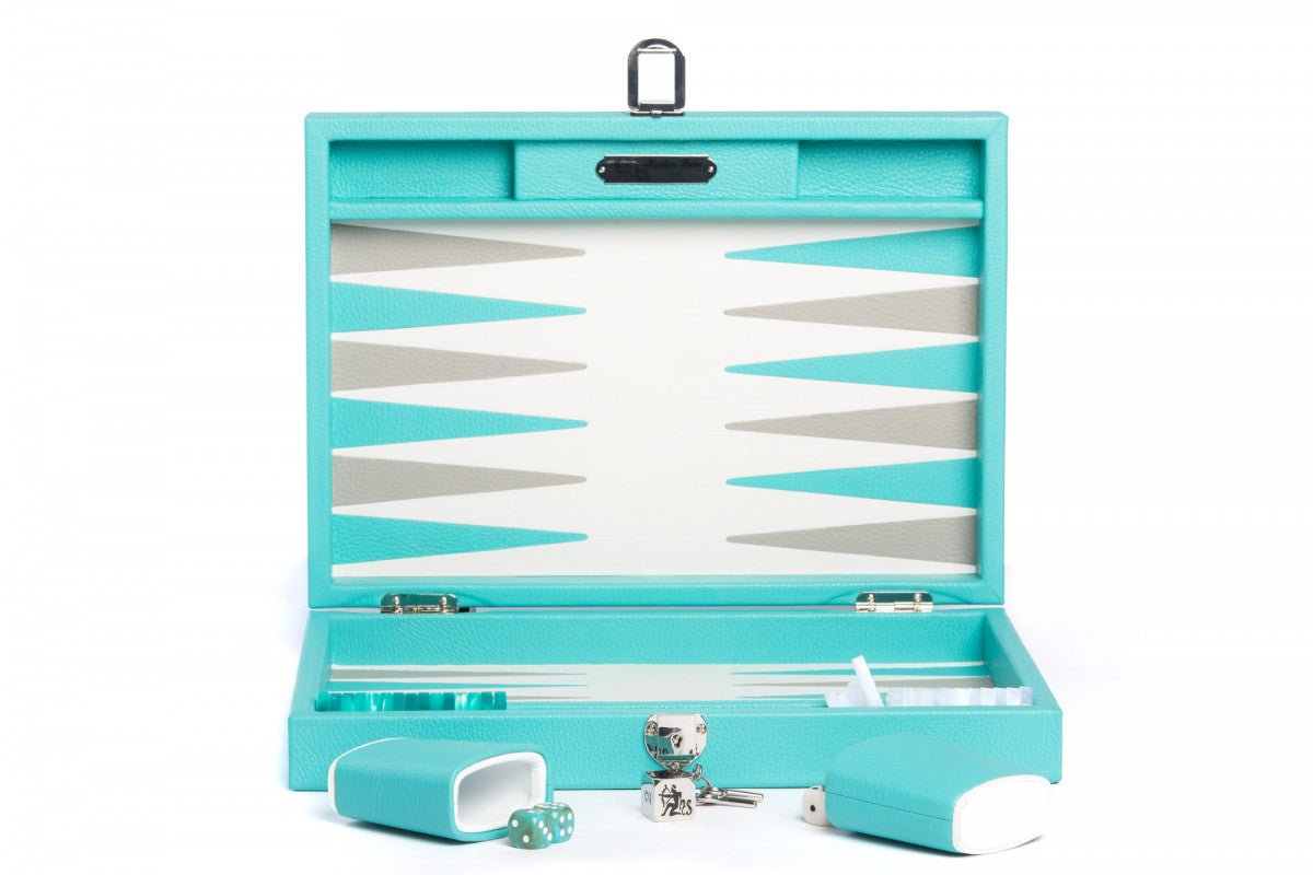 Backgammon Hector Saxe - Cuir Turquoise - Moyen - Backgammon en cuir - Rouge et Noir