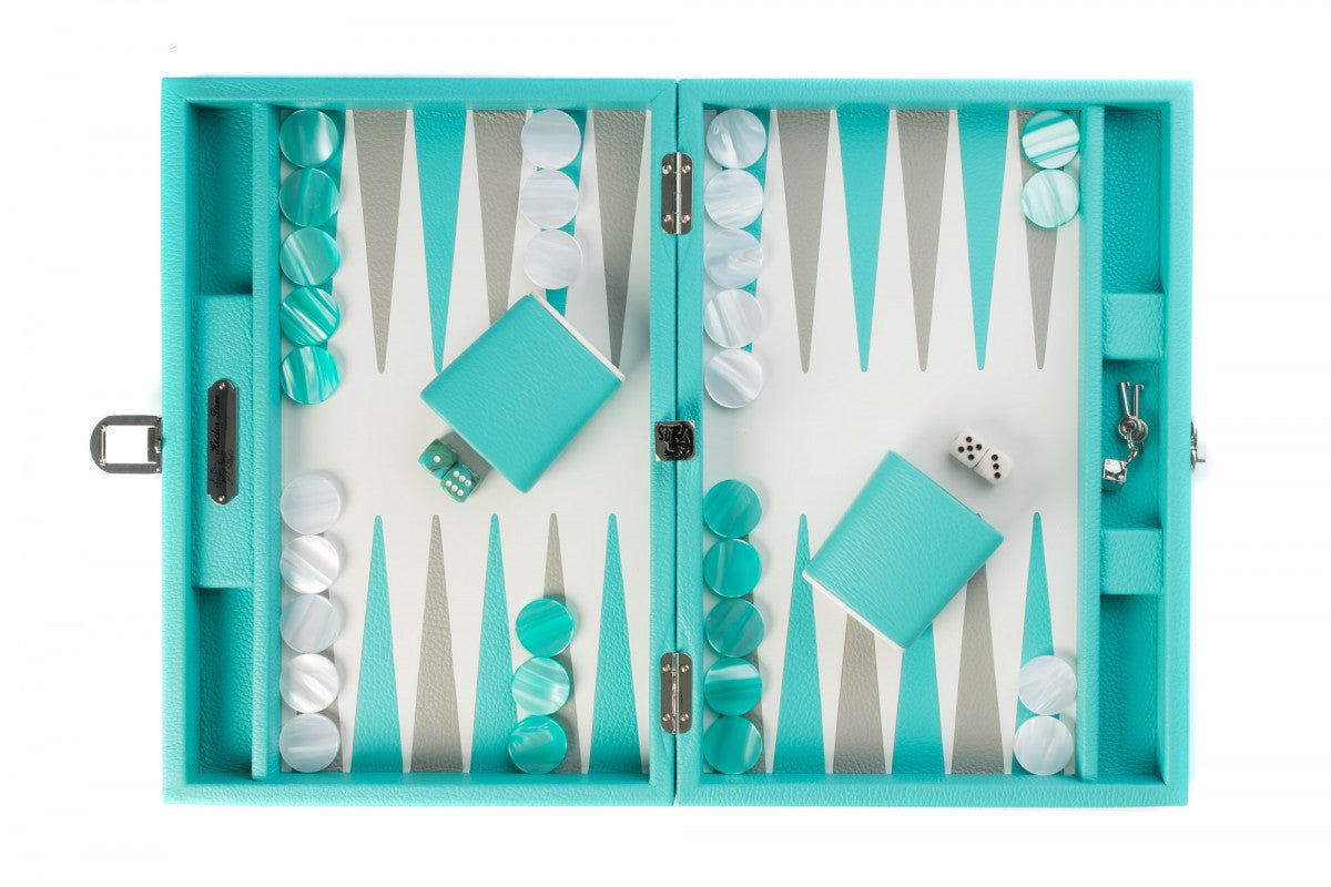 Backgammon Hector Saxe - Cuir Turquoise - Moyen - Backgammon en cuir - Rouge et Noir