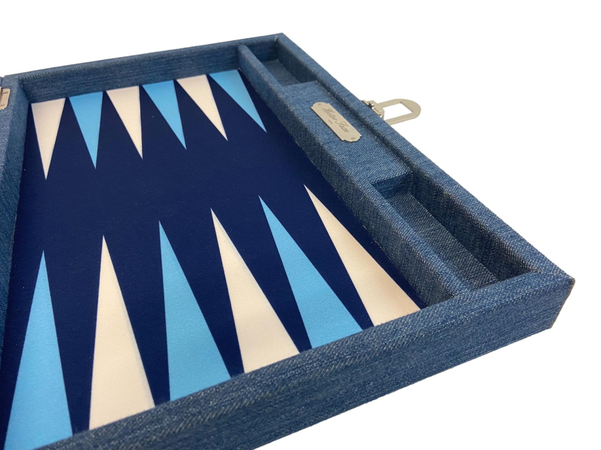 Backgammon Hector Saxe - Jeans Bleu Clair - Grand - Backgammon en cuir vegan - Rouge et Noir