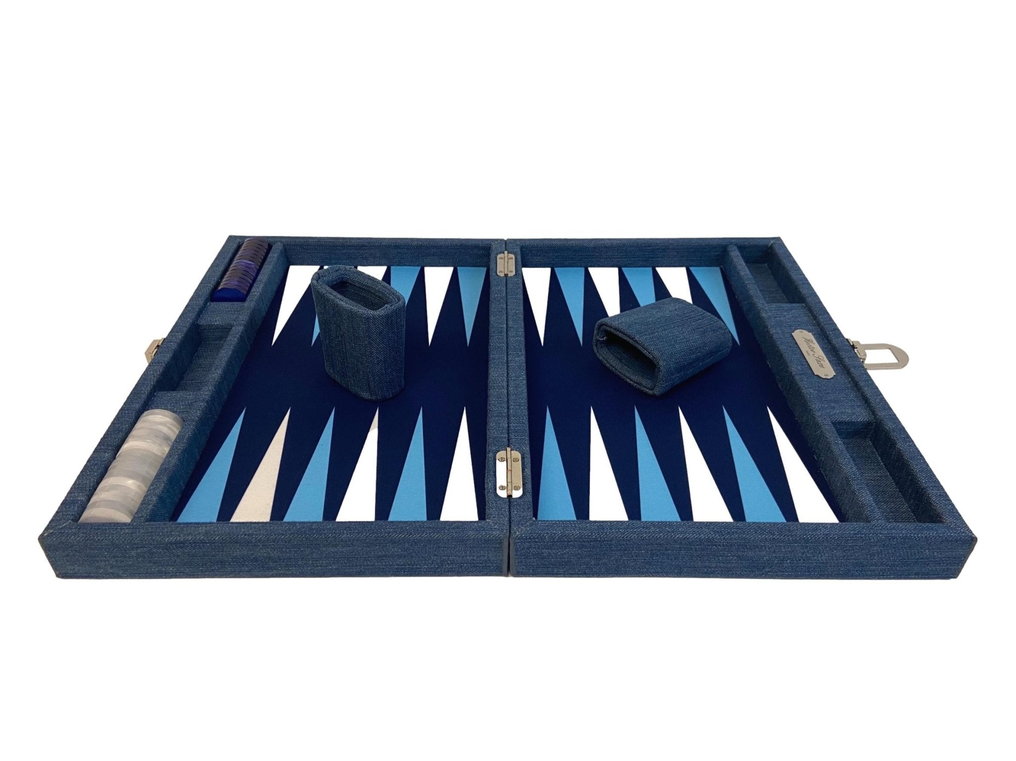 Backgammon Hector Saxe - Jeans Bleu Clair - Grand - Backgammon en cuir vegan - Rouge et Noir