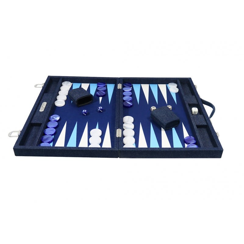 Backgammon Hector Saxe - Jean’s Bleu - Compétition - Backgammon en cuir vegan - Rouge et Noir