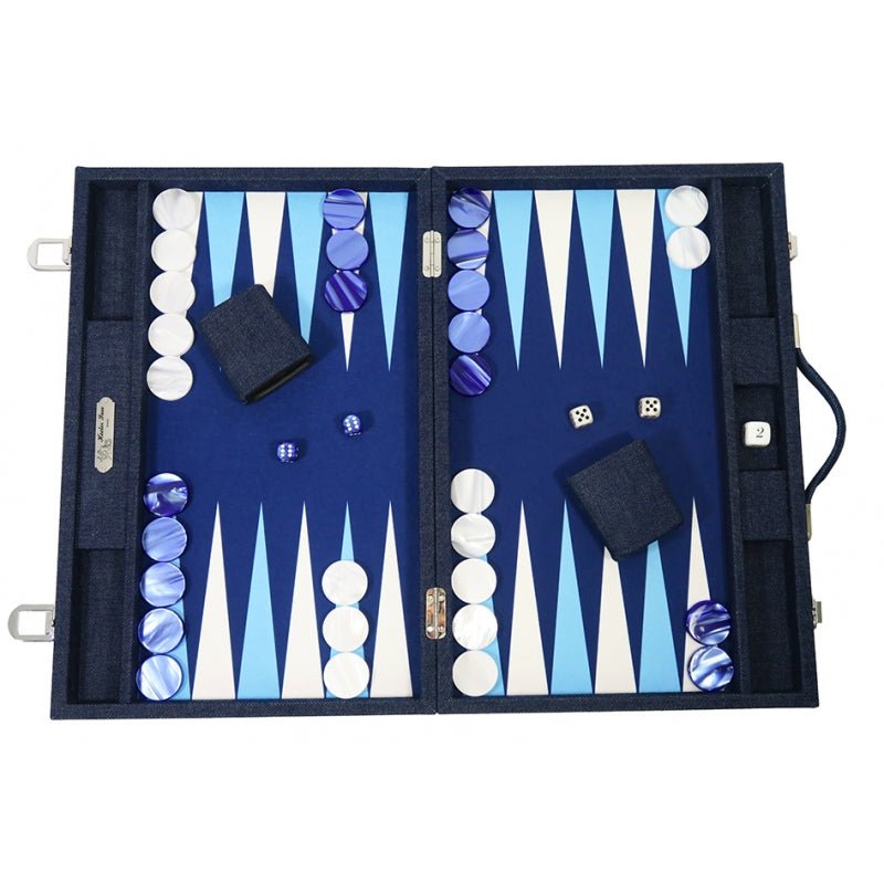 Backgammon Hector Saxe - Jean’s Bleu - Compétition - Backgammon en cuir vegan - Rouge et Noir