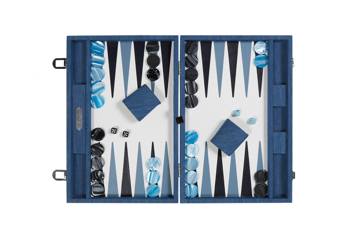 Backgammon Hector Saxe - Jeans Clair / Cuir - Grand - Backgammon en cuir cadeau bel objet - Rouge et Noir