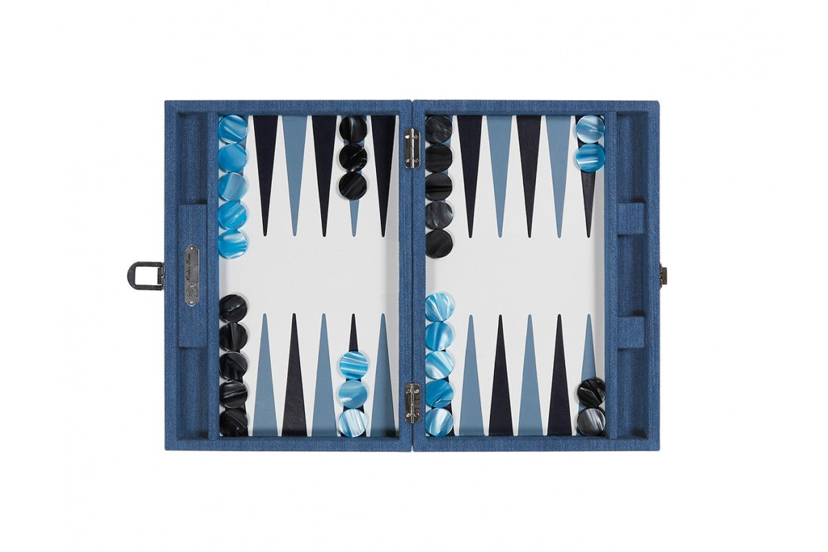 Backgammon Hector Saxe - Jeans Clair / Cuir - Moyen - Backgammon en cuir cadeau bel objet - Rouge et Noir