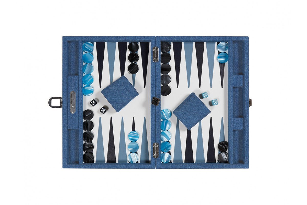 Backgammon Hector Saxe - Jeans Clair / Cuir - Moyen - Backgammon en cuir cadeau bel objet - Rouge et Noir