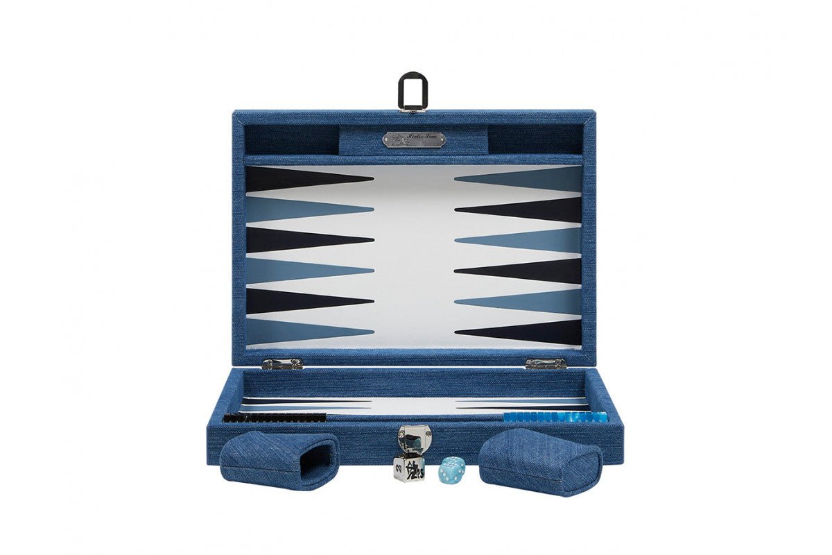 Backgammon Hector Saxe - Jeans Clair / Cuir - Moyen - Backgammon en cuir cadeau bel objet - Rouge et Noir