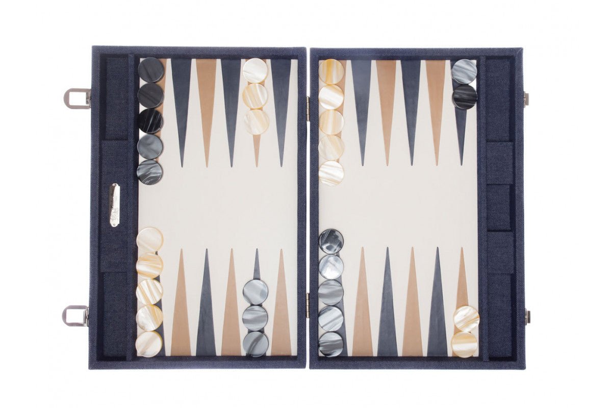 Backgammon Hector Saxe - Jeans / Cuir - Grand - Backgammon en cuir - Rouge et Noir