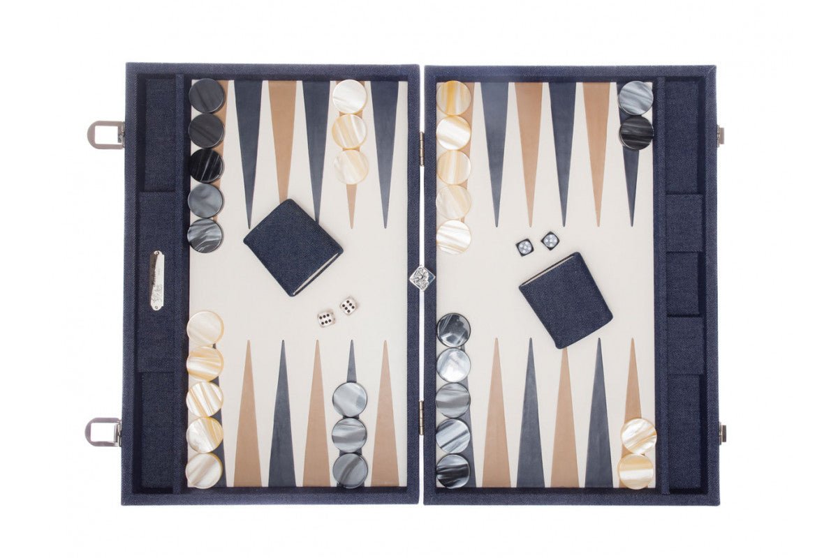 Backgammon Hector Saxe - Jeans / Cuir - Grand - Backgammon en cuir - Rouge et Noir