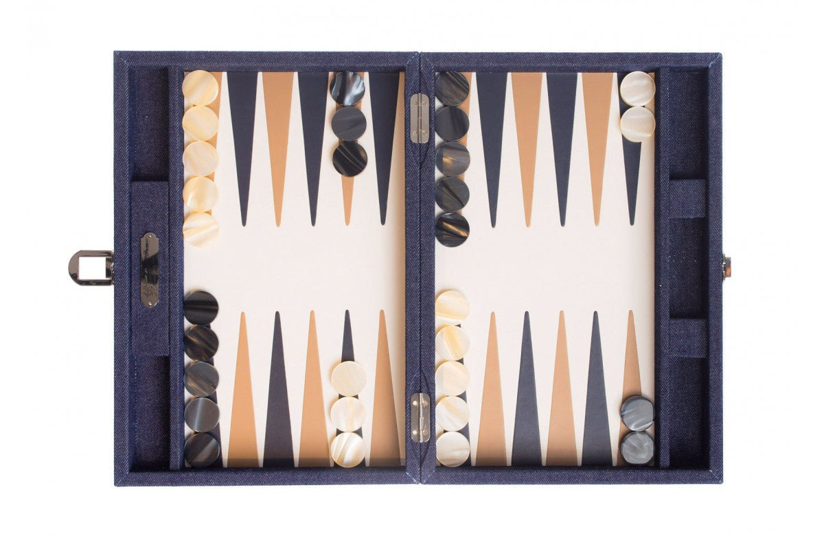 Backgammon Hector Saxe - Jeans / Cuir - Moyen - Backgammon en cuir - Rouge et Noir