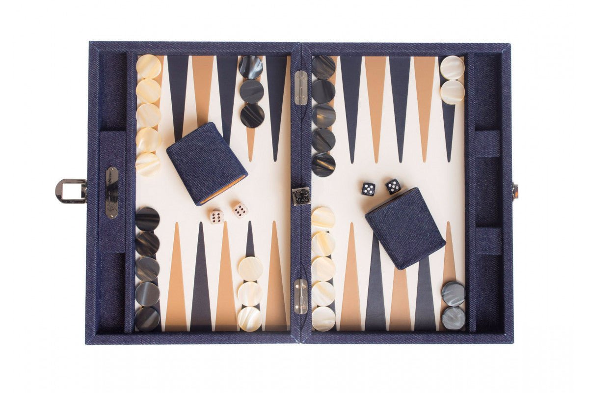 Backgammon Hector Saxe - Jeans / Cuir - Moyen - Backgammon en cuir - Rouge et Noir