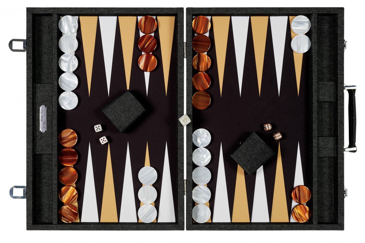 Backgammon Hector Saxe - Jeans Noir / Champagne - Compétition - Backgammon en cuir vegan - Rouge et Noir