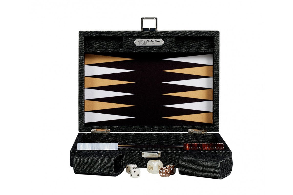 Backgammon Hector Saxe - Jeans Noir / Champagne - Moyen - Backgammon en cuir vegan - Rouge et Noir