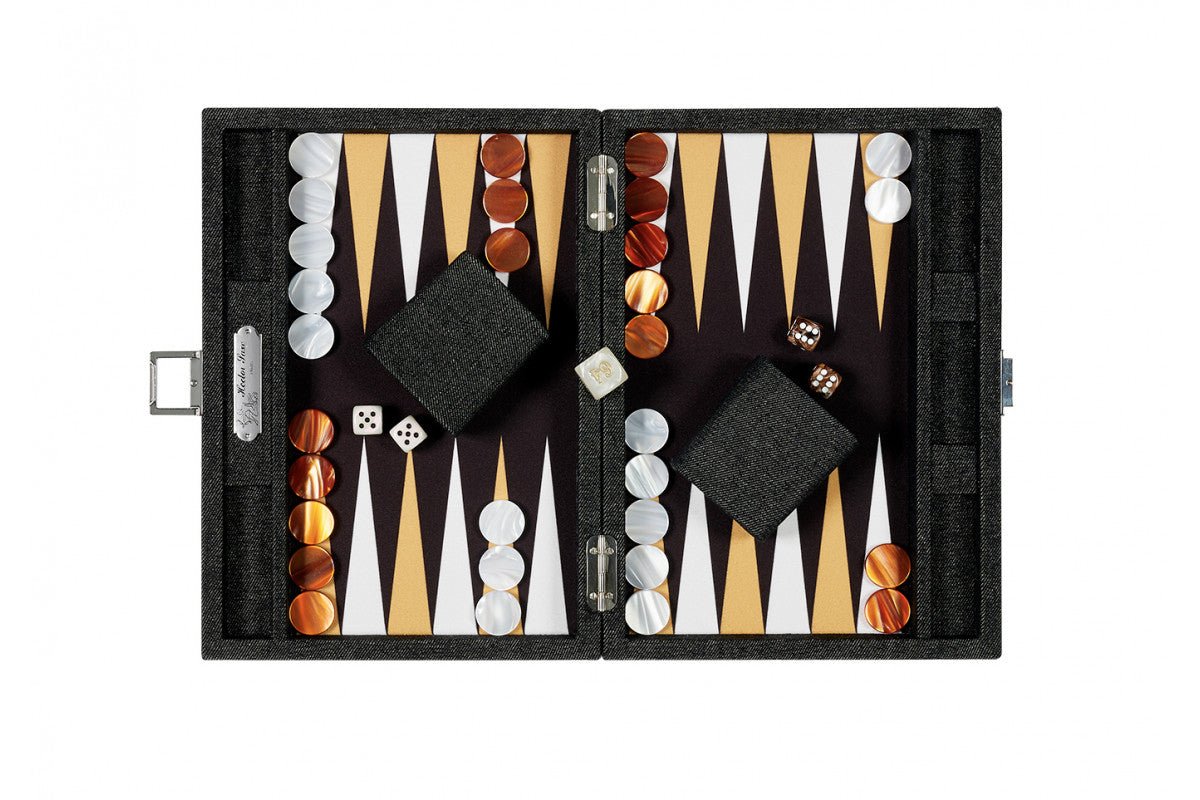 Backgammon Hector Saxe - Jeans Noir / Champagne - Moyen - Backgammon en cuir vegan - Rouge et Noir