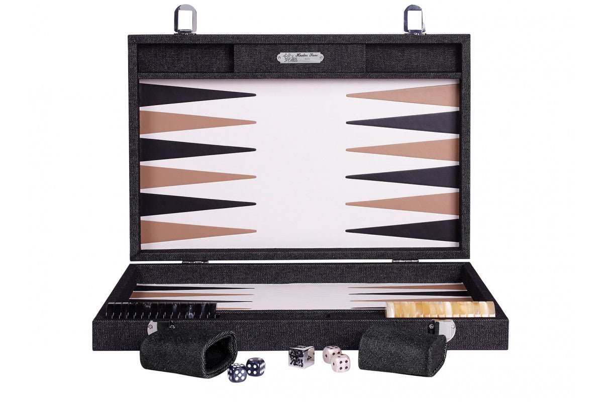 Backgammon Hector Saxe - Jeans Noir / Cuir - Grand - Backgammon en cuir cadeau bel objet - Rouge et Noir