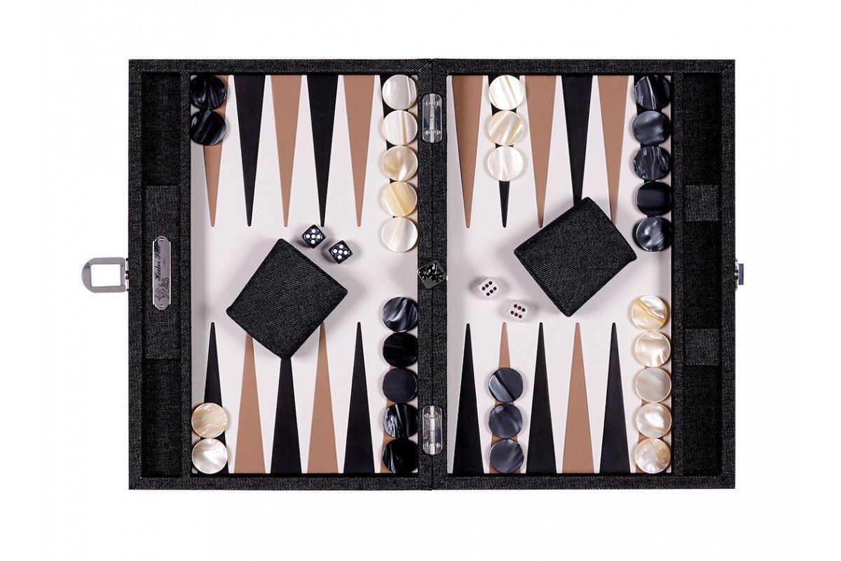 Backgammon Hector Saxe - Jeans Noir / Cuir - Moyen - Backgammon en cuir cadeau bel objet - Rouge et Noir