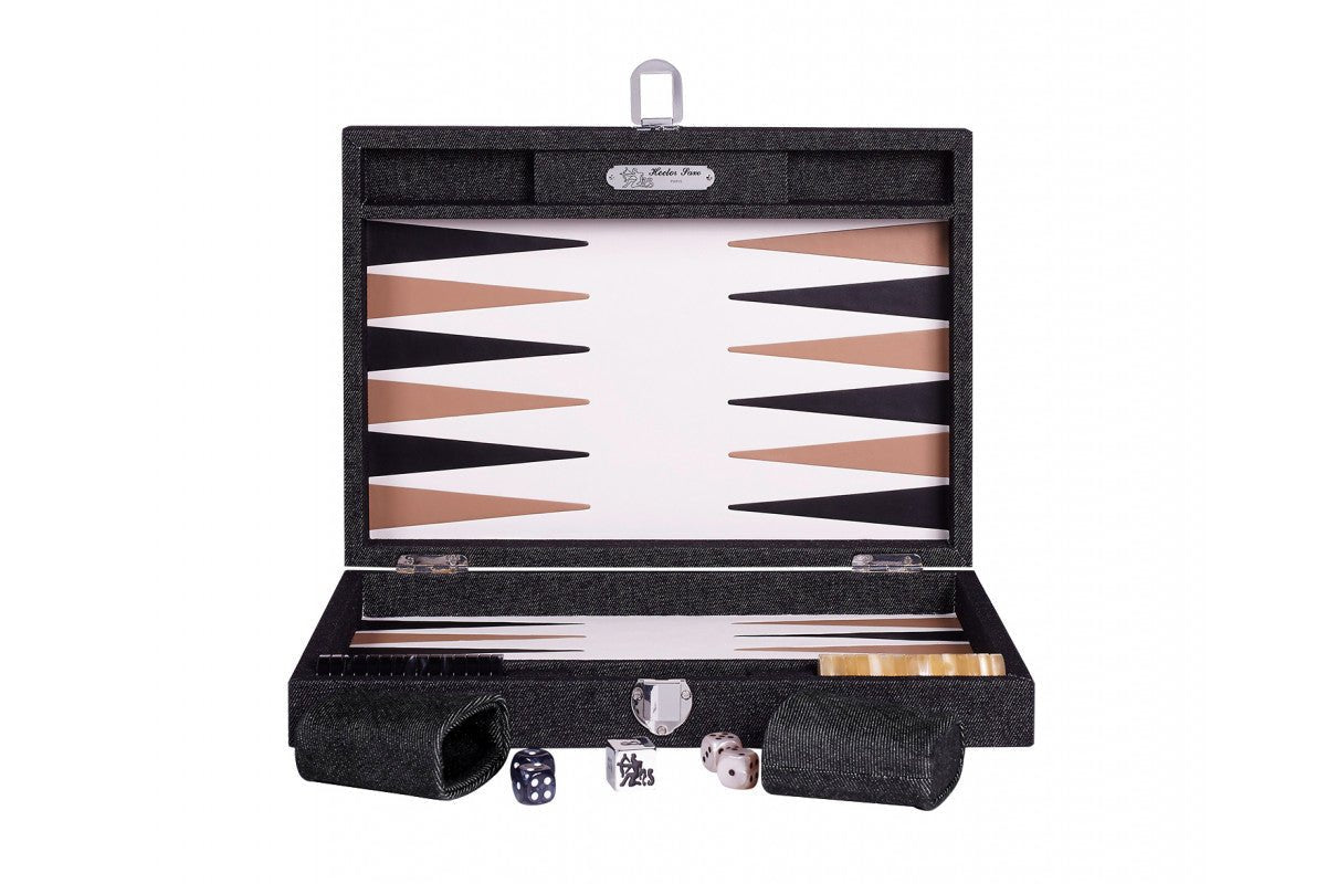 Backgammon Hector Saxe - Jeans Noir / Cuir - Moyen - Backgammon en cuir cadeau bel objet - Rouge et Noir