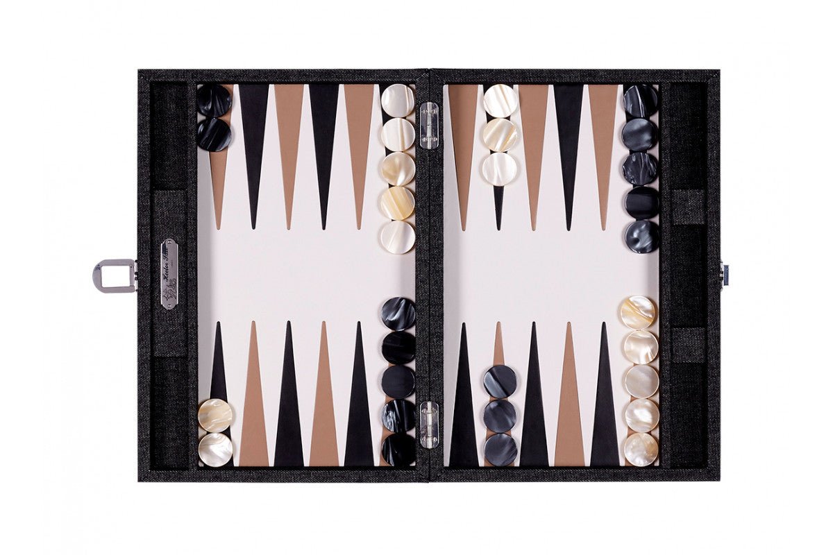 Backgammon Hector Saxe - Jeans Noir / Cuir - Moyen - Backgammon en cuir cadeau bel objet - Rouge et Noir