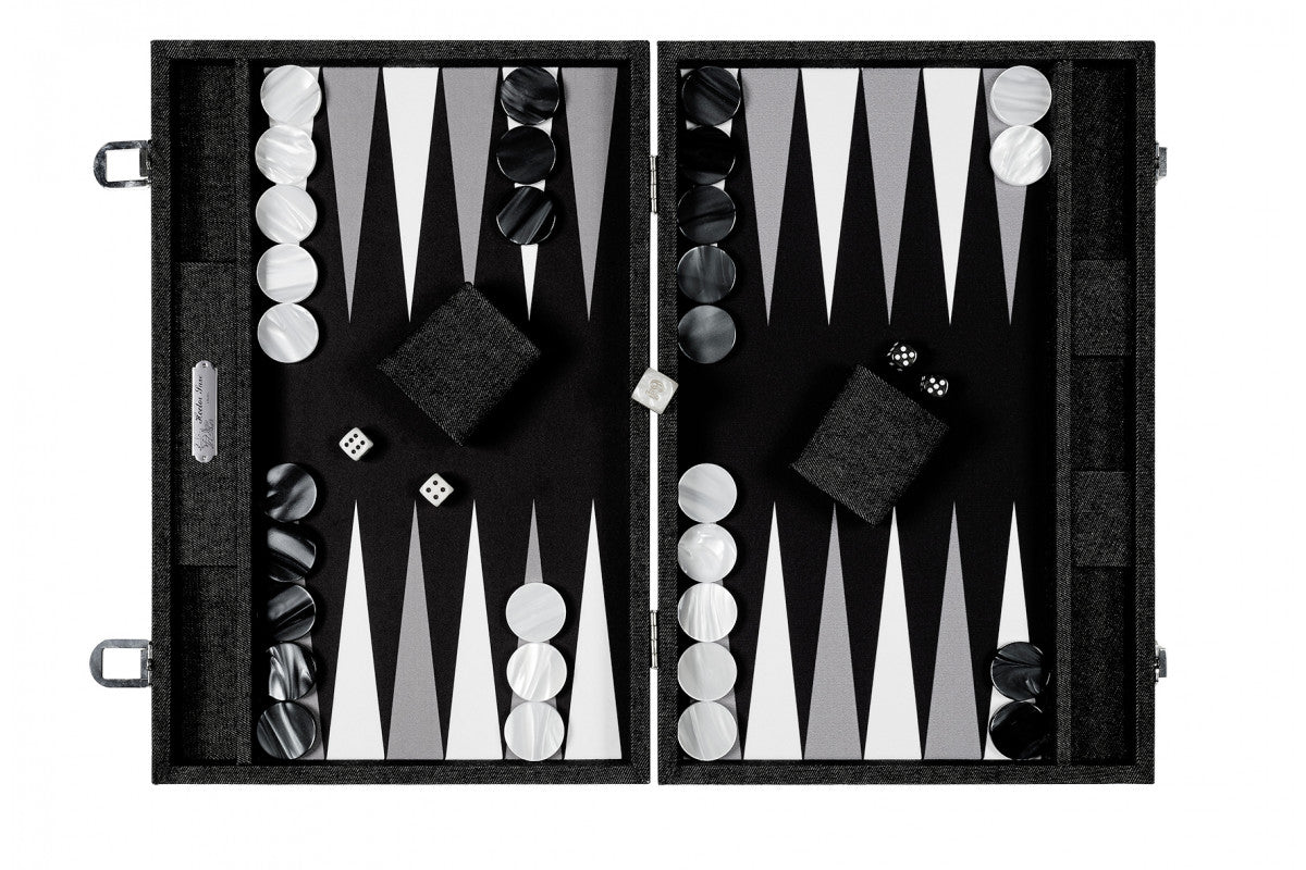 Backgammon Hector Saxe - Jeans Noir / Fonds Noir - Grand - Backgammon en cuir vegan - Rouge et Noir