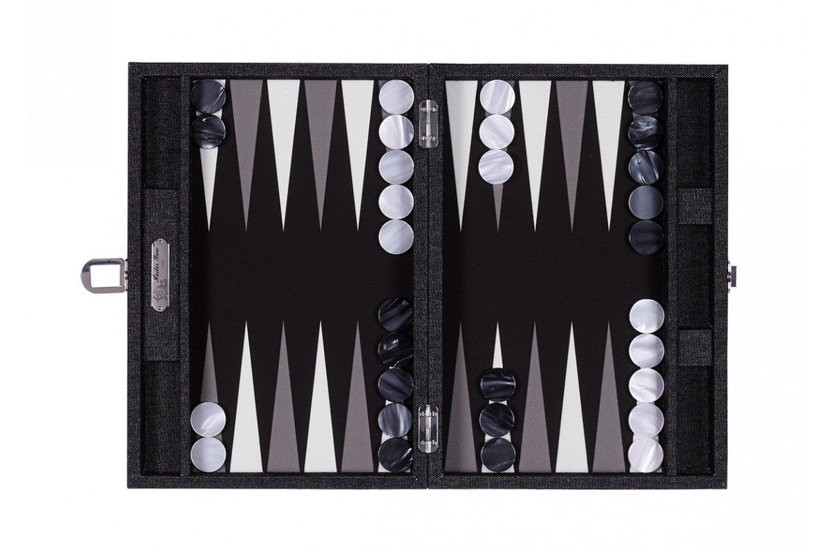 Backgammon Hector Saxe - Jeans Noir / Fonds Noir - Moyen - Backgammon en cuir vegan - Rouge et Noir