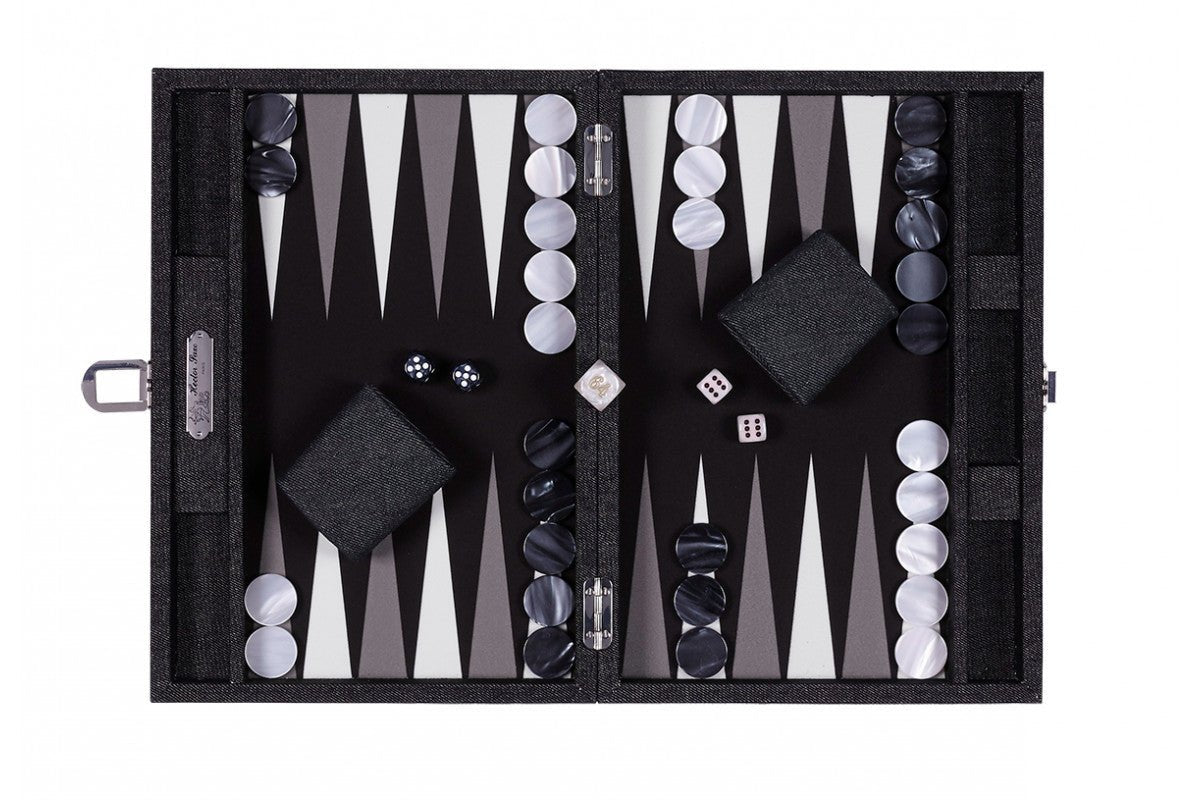 Backgammon Hector Saxe - Jeans Noir / Fonds Noir - Moyen - Backgammon en cuir vegan - Rouge et Noir