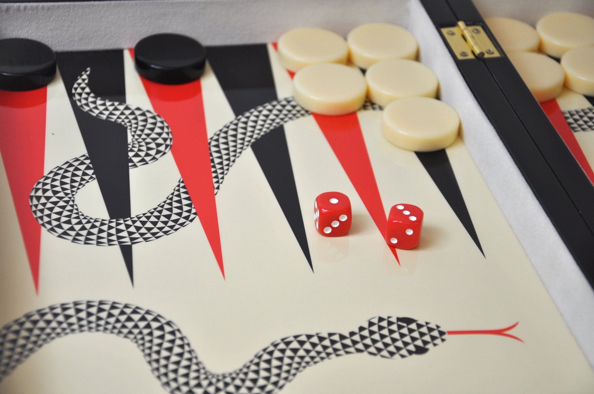 Backgammon Luxe en bois laqué - Serpent - Backgammon en bois laqué de luxe marqueté cadeau adulte - Rouge et Noir