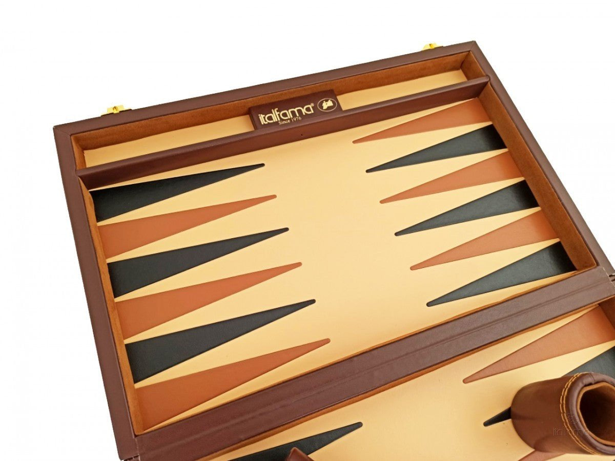 Backgammon marqueté simili cuir - MM - Marron - Backgammon en cuir vegan - Rouge et Noir