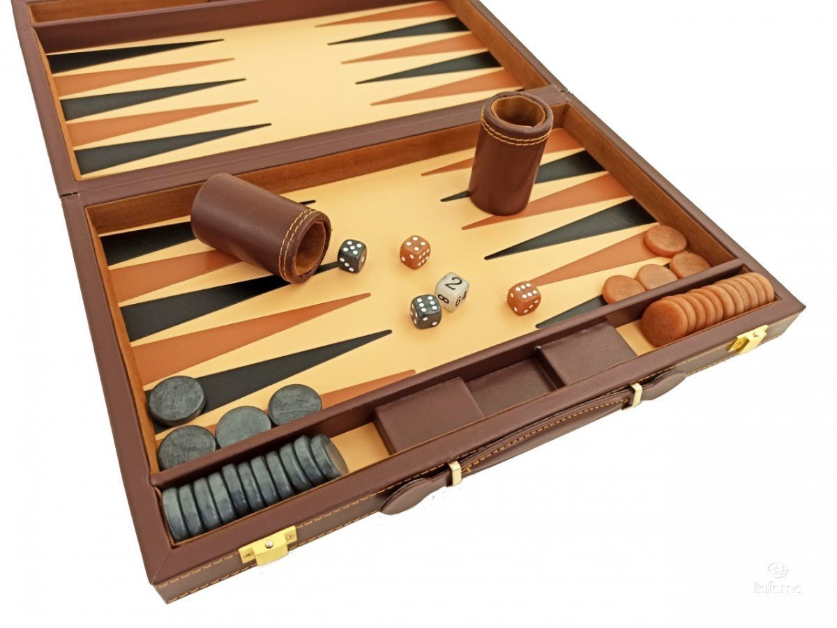 Backgammon marqueté simili cuir - MM - Marron - Backgammon en cuir vegan - Rouge et Noir