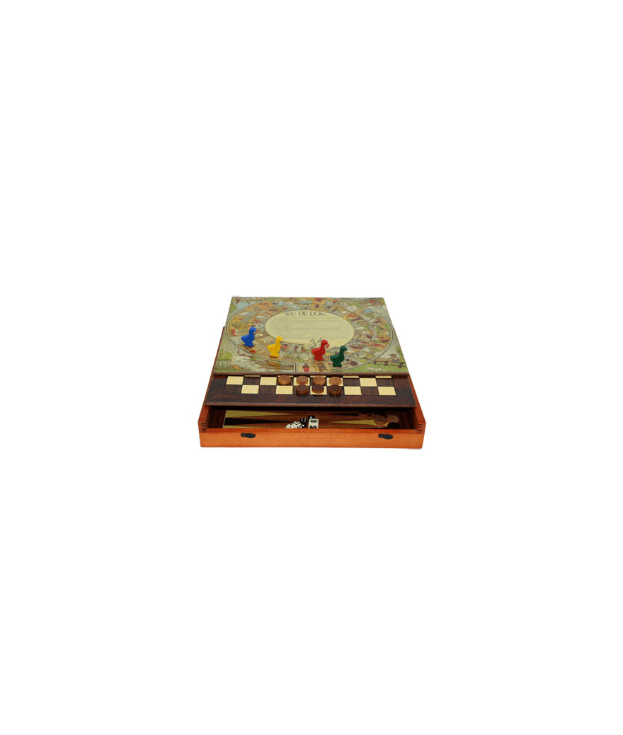 Coffret Multijeux 5 jeux (Échecs / Dames / Oie / Petits chevaux / Backgammon) - jeu traditionnel coffret multijeux jeu de dames dadas jeu de l'oie - Rouge et Noir