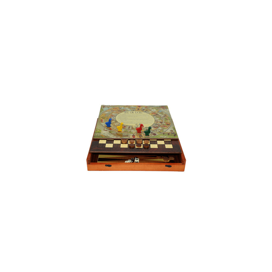 Coffret Multijeux 5 jeux (Échecs / Dames / Oie / Petits chevaux / Backgammon) - jeu traditionnel coffret multijeux jeu de dames dadas jeu de l'oie - Rouge et Noir