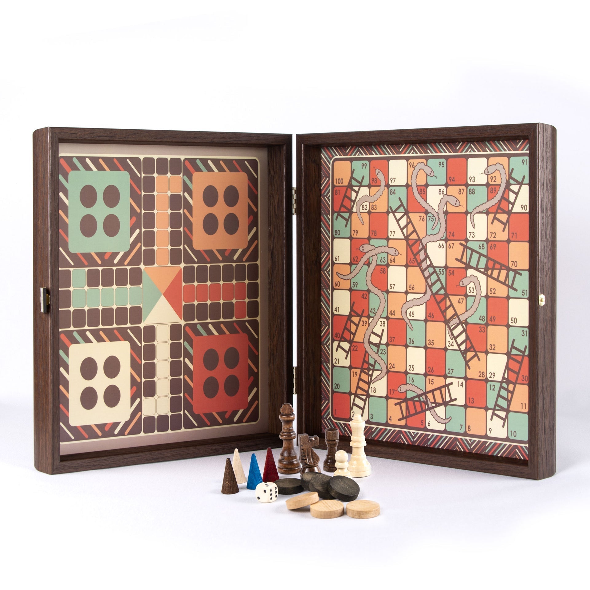 Coffret Multijeux Wengé - Coffret multijeux jeu traditionnel dadas échecs backgammon oies - Rouge et Noir