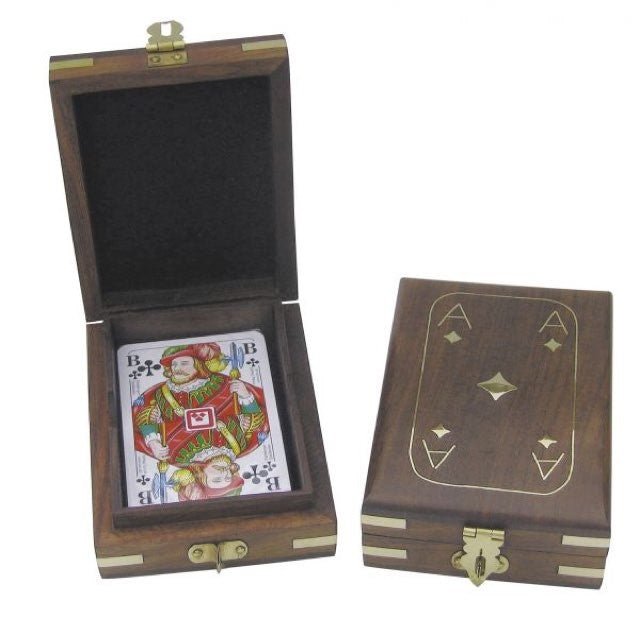 Coffret Sheesham / Laiton - 1 jeu - jeu de cartes coffret de cartes belote - Rouge et Noir