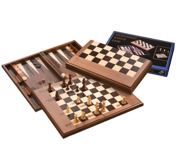 Echecs / Backgammon - Coffre marqueté - PH - Coffret d'échecs en bois marqueté et Backgammon en bois marqueté - Rouge et Noir