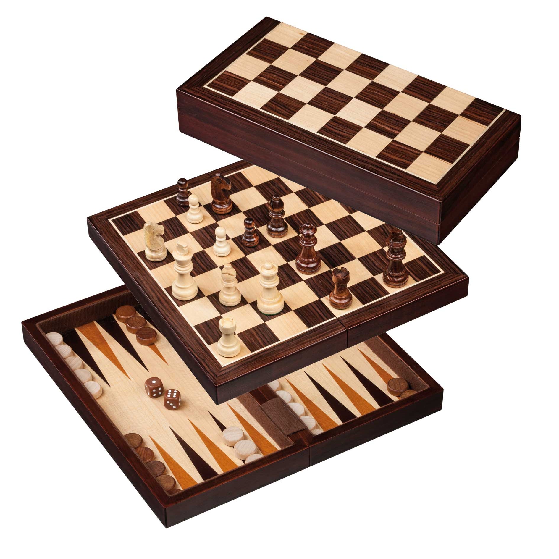 Echecs / Backgammon de voyage - Magnétique - Bois exotiques - Coffret d'échecs en bois marqueté et Backgammon en bois marqueté - Rouge et Noir