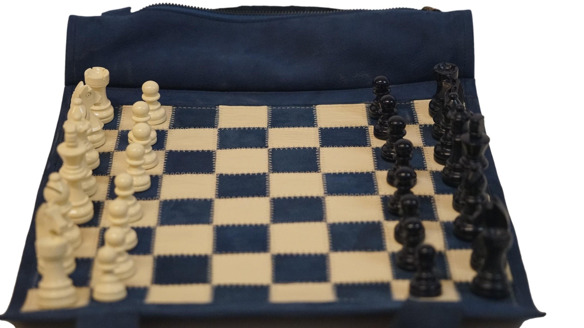 Ensemble d'échecs roulable magnétique - Cuir véritable - Bleu - ensemble d'échecs luxe classique jeu d'échecs de voyage en cuir véritable - Rouge et Noir