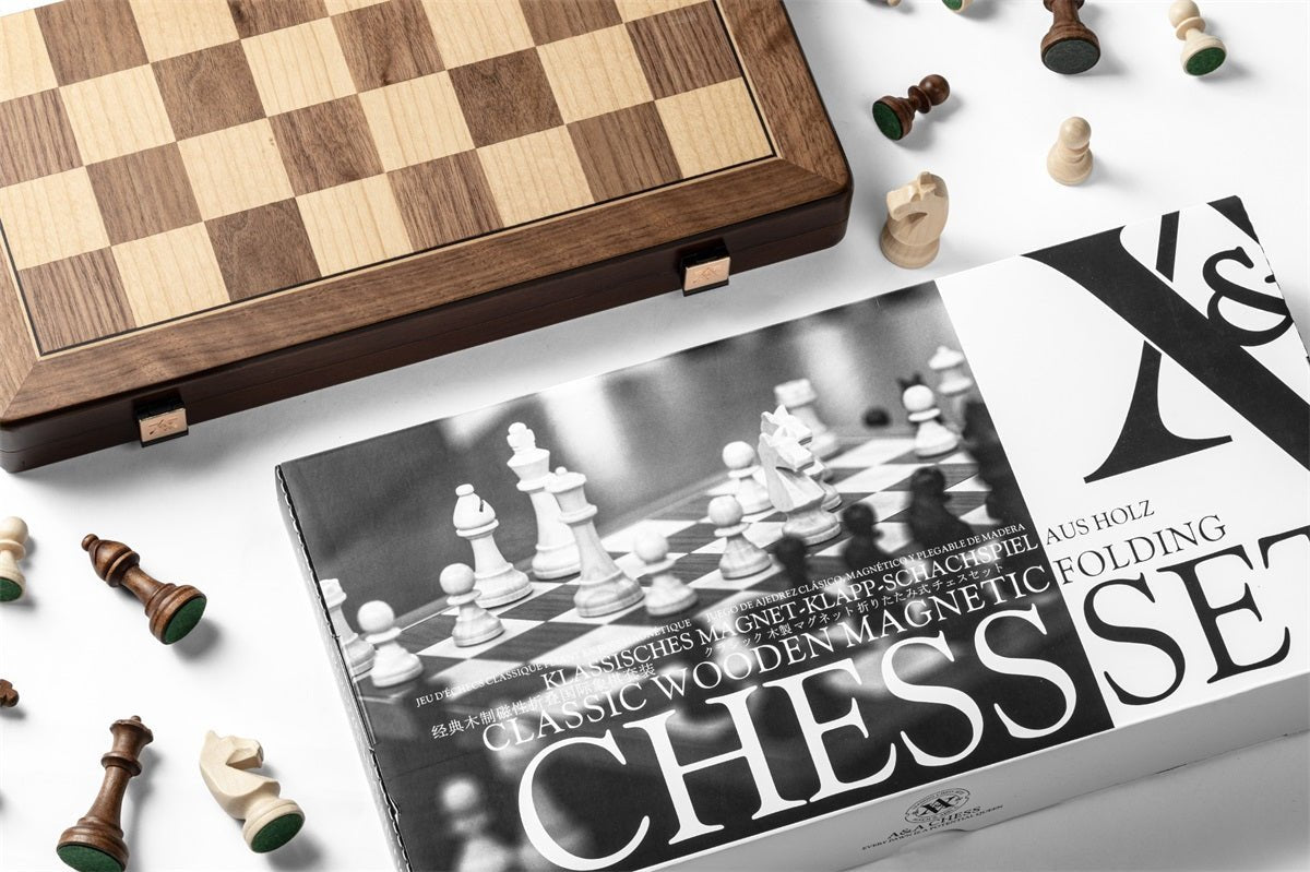 Ensemble jeu d'échecs en noyer et érable - pliant - 38 cm - Coffre d'échecs et jeu d'échecs de voyage - Rouge et Noir