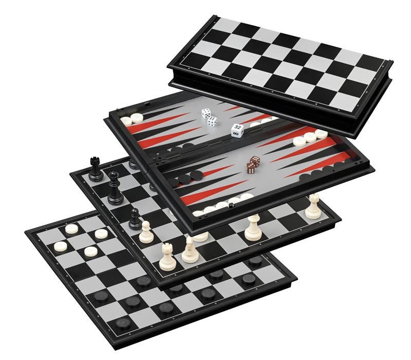 Jeu d'échecs / Backgammon en plastique - Magnétique - Coffre d'échecs et jeu d'échecs de voyage - Rouge et Noir