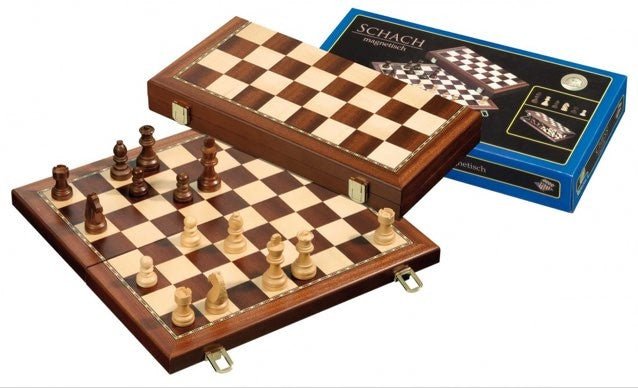 Jeu d'échecs pliant - 40 cm - Liseré Acajou - Magnétique - Coffre d'échecs et jeu d'échecs de voyage - Rouge et Noir