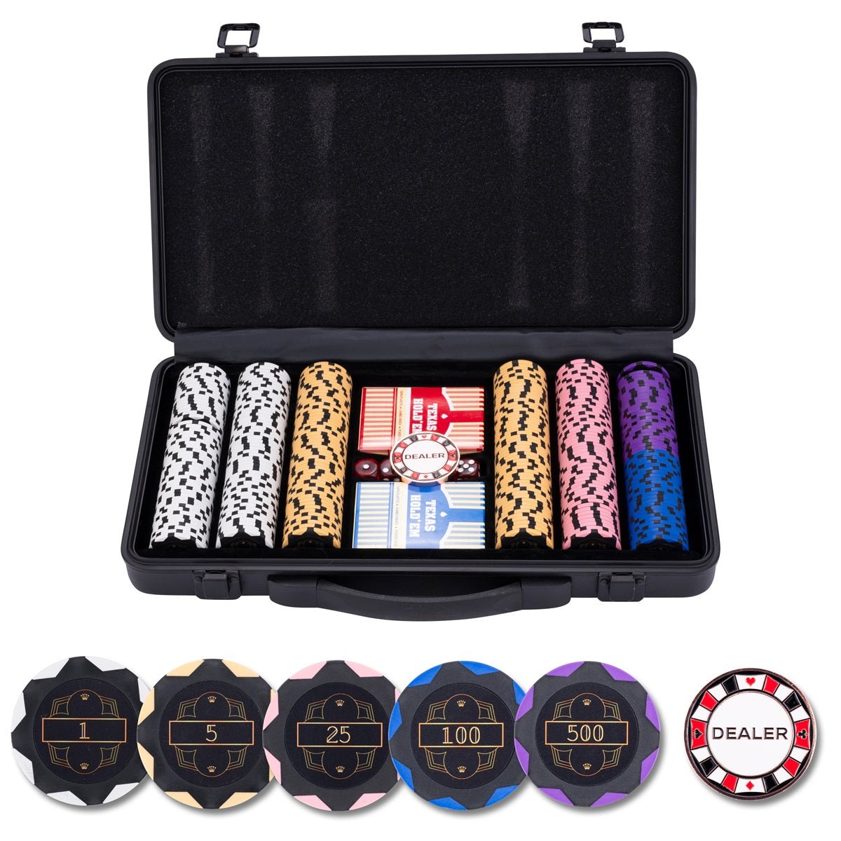 HEITOK Mallette Poker 500 jetons 11.5g noyau fer numérotés Texas Holdem | 2 à 10 joueurs, valeurs lisibles 1/5/25/50/100/500/1000, cartes, dés, boutons Dealer et Small/Big Blind, Blackjack HEITOK Mallette Poker 500 jetons 11.5g noyau fer numérotés Texas Holdem | 2 à 10 joueurs, valeurs lisibles 1/5/25/50/100/500/1000, cartes, dés, boutons Dealer et Small/Big Blind, Blackjack