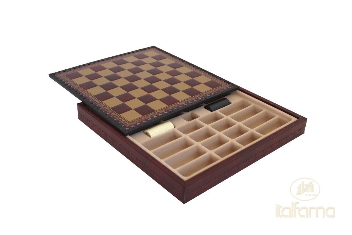 Plateau d'échecs / échiquier en cuir - coffre - Bordeaux - Ital Fama - jeu d'échecs échiquier classique et décoratif - Rouge et Noir