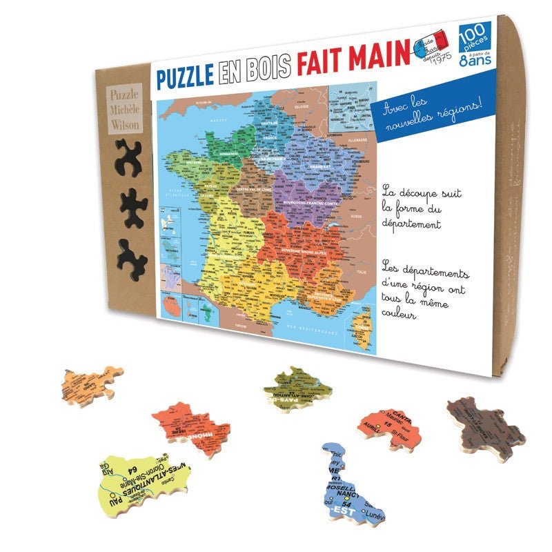 Puzzle MW - 100 p - Carte de France des départements - Puzzle en bois Michèle Wilson - Rouge et Noir