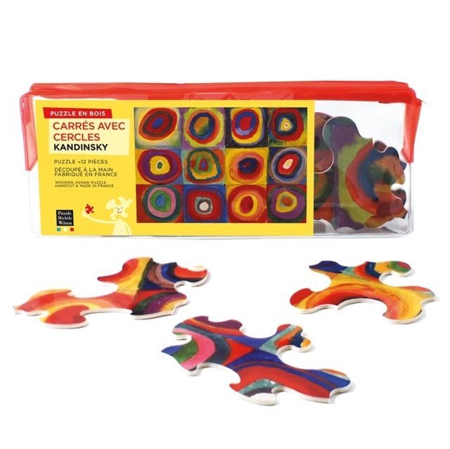 Puzzle MW - 12 p - Carrés avec cercles - Kandisky - Puzzle en bois Michèle Wilson enfant solitaire - Rouge et Noir