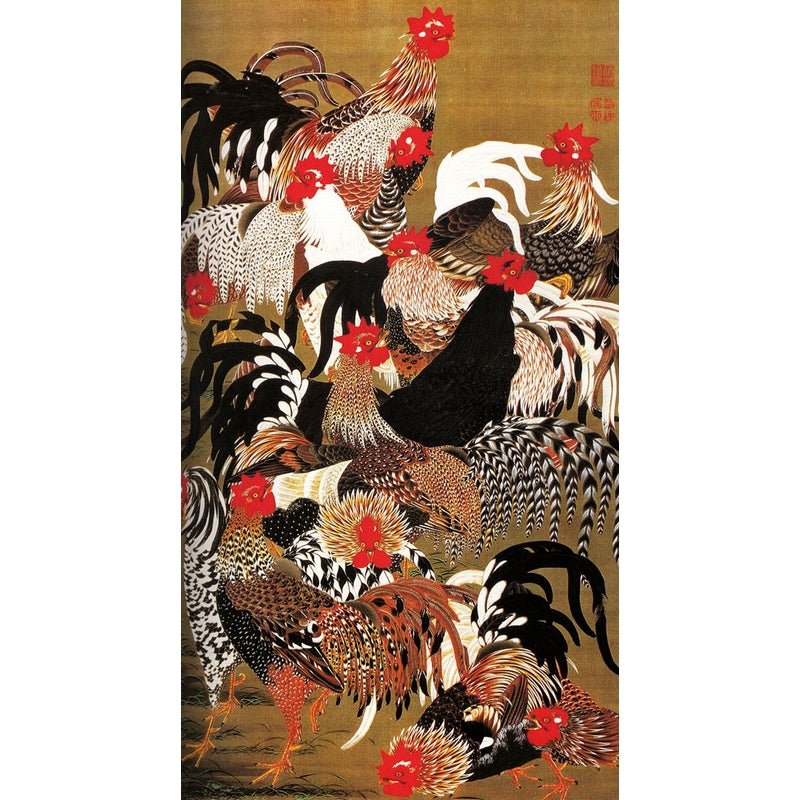 Puzzle MW - 150 p - Coq et poules - Jakuchu - Puzzle en bois Michèle Wilson - Rouge et Noir