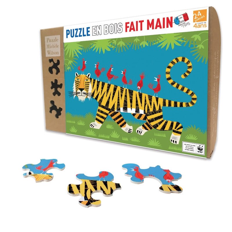 Puzzle MW - 24 p - Le tigre - Puzzle en bois Michèle Wilson enfant cadeau solitaire - 7a - Rouge et Noir