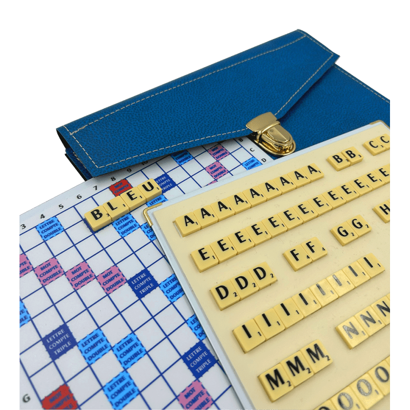 Scrabble Cuir Vegan - Magnétique - Bleu - Jeux de Lettres et de Chiffres cadeau bel objet - Rouge et Noir