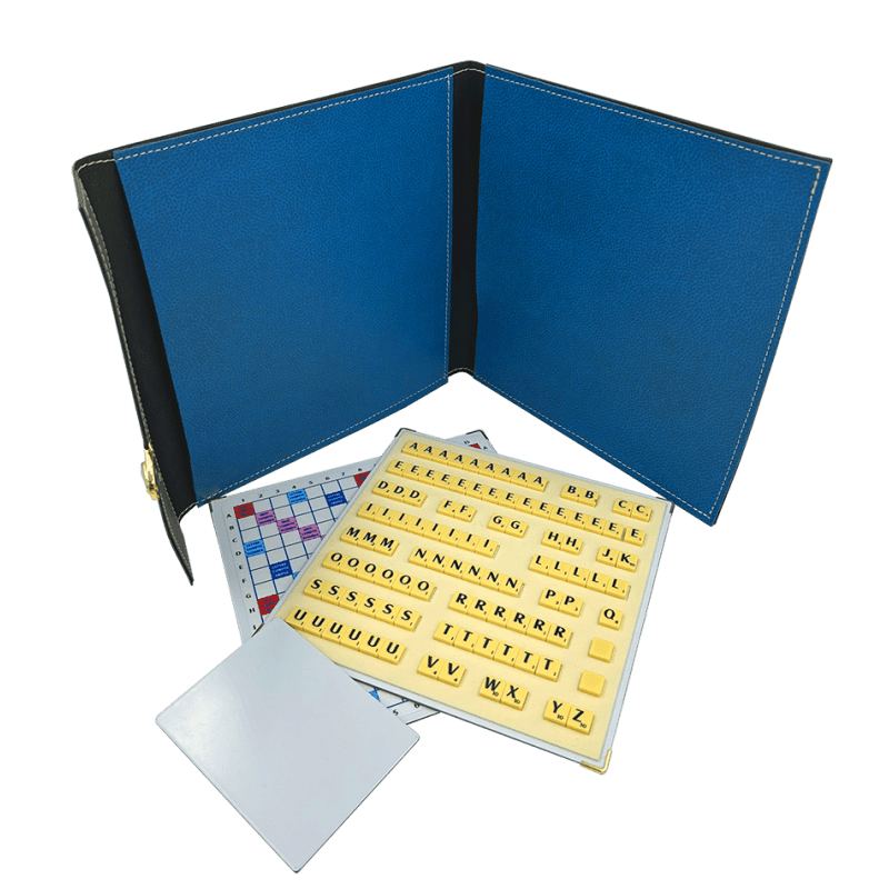 Scrabble Cuir Vegan - Magnétique - Bleu - Jeux de Lettres et de Chiffres cadeau bel objet - Rouge et Noir