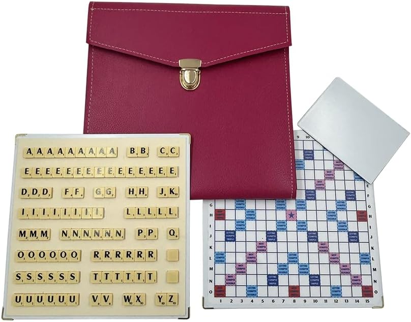 Scrabble Cuir Vegan - Magnétique - Framboise - Jeux de Lettres et de Chiffres cadeau bel objet - Rouge et Noir