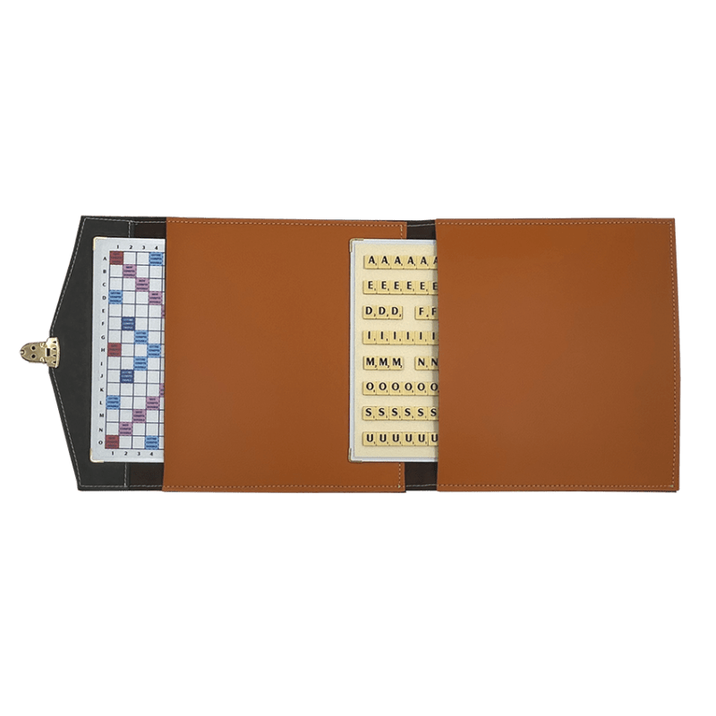 Scrabble Cuir Vegan - Magnétique - Orange - Jeux de Lettres et de Chiffres cadeau bel objet - Rouge et Noir